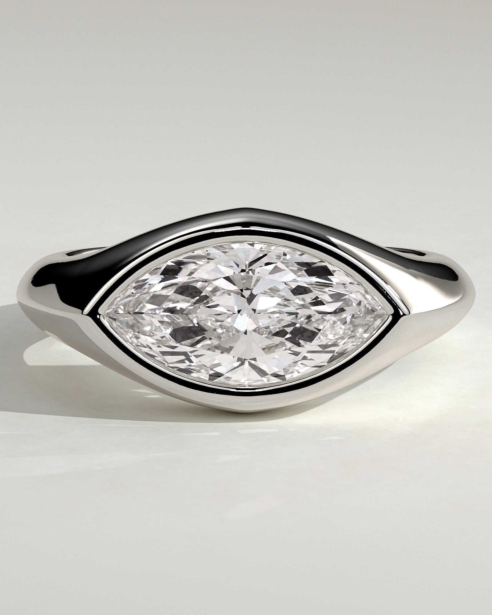 Angie - Statement Marquise East West Bezel Solitaire with Signet Band Engagement Ring - Platinum - White Gold / Platinum 2ct