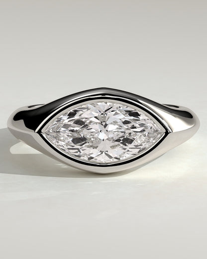 Angie - Statement Marquise East West Bezel Solitaire with Signet Band Engagement Ring - Platinum - platinum - Lara Jewels