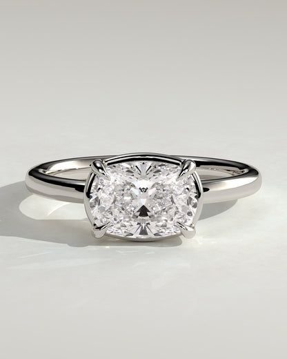 Daya - Elongated Cushion East West Claw Solitaire with Bezel Frame Engagement Ring - Platinum