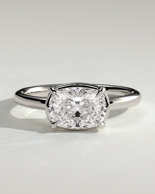 Daya - Elongated Cushion East West Claw Solitaire with Bezel Frame Engagement Ring - White Gold