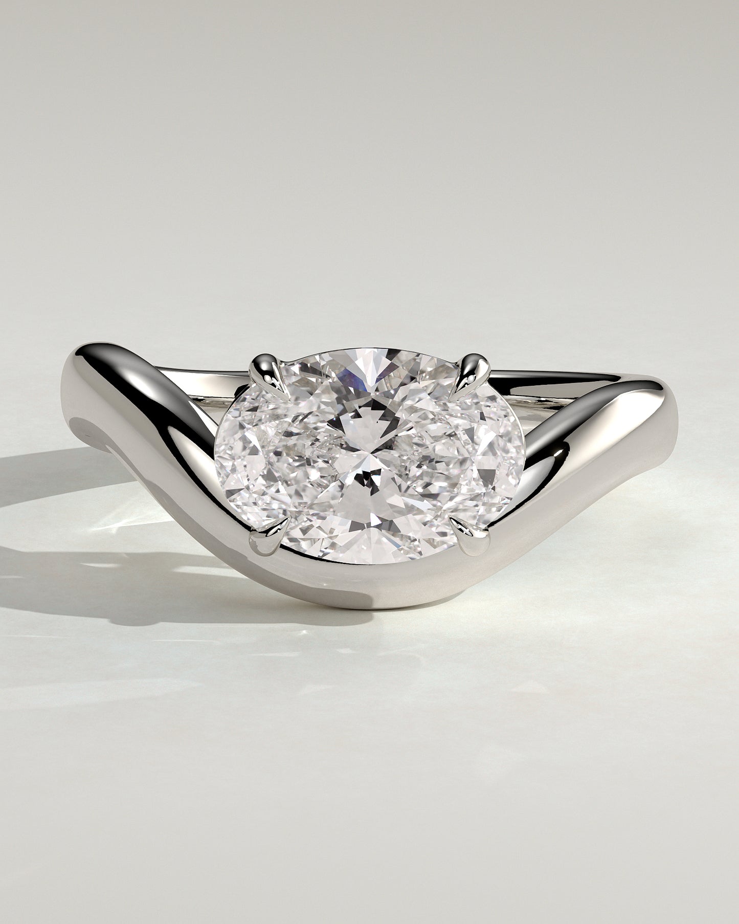 Hayley - Oval East West Claw Solitaire with Wave Band Engagement Ring - Platinum - White Gold / Platinum 2ct