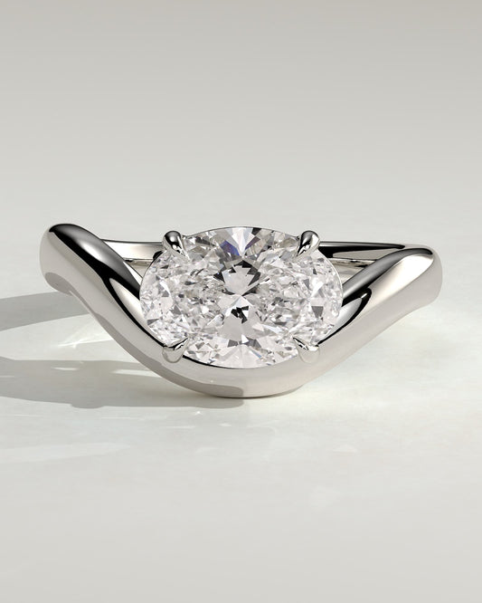 Hayley - Oval East West Claw Solitaire with Wave Band Engagement Ring - Platinum