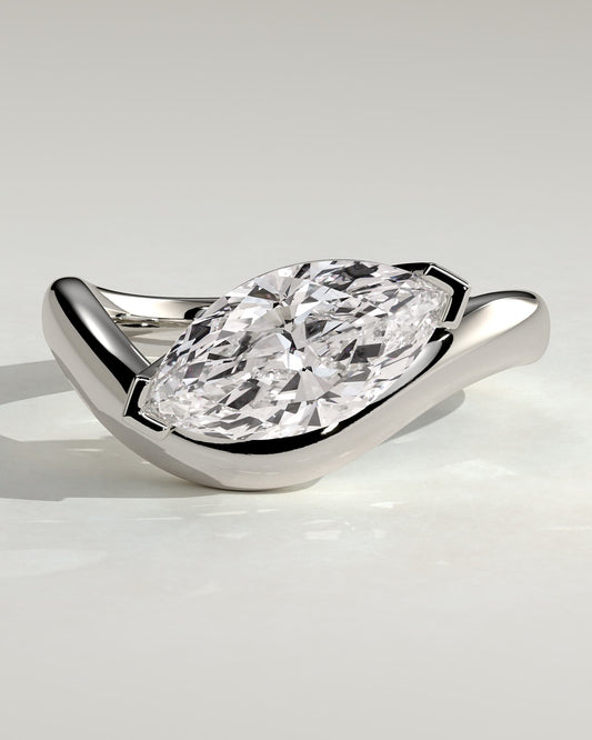 Pia - Marquise East West Claw Solitaire with Wave Band Engagement Ring - Platinum