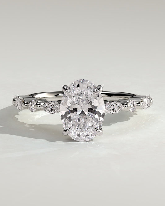 Brandi - Oval Claw Solitaire with Marquise-Round Accent Stones and Hidden Halo Engagement Ring - Platinum