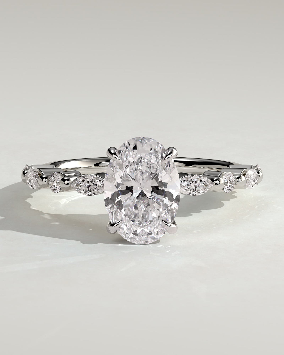 Brandi - Oval Claw Solitaire with Marquise-Round Accent Stones and Hidden Halo Engagement Ring - White Gold