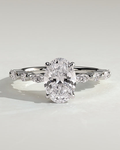 Brandi - Oval Claw Solitaire with Marquise-Round Accent Stones and Hidden Halo Engagement Ring - White Gold