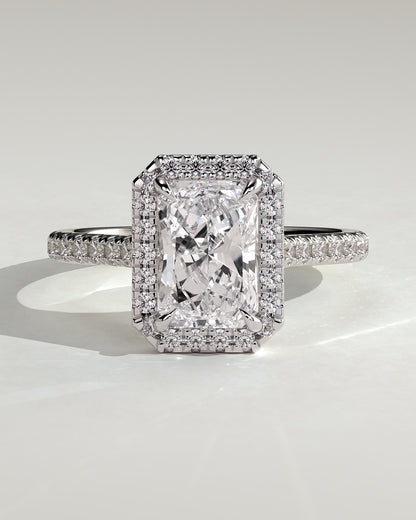 Clementine - Radiant Claw Solitaire with Halo and Pave Band and Cathedral High Setting Engagement Ring - Platinum