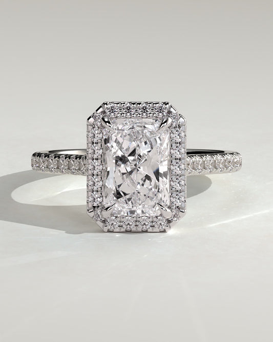 Clementine - Radiant Claw Solitaire with Halo and Pave Band and Cathedral High Setting Engagement Ring - White Gold