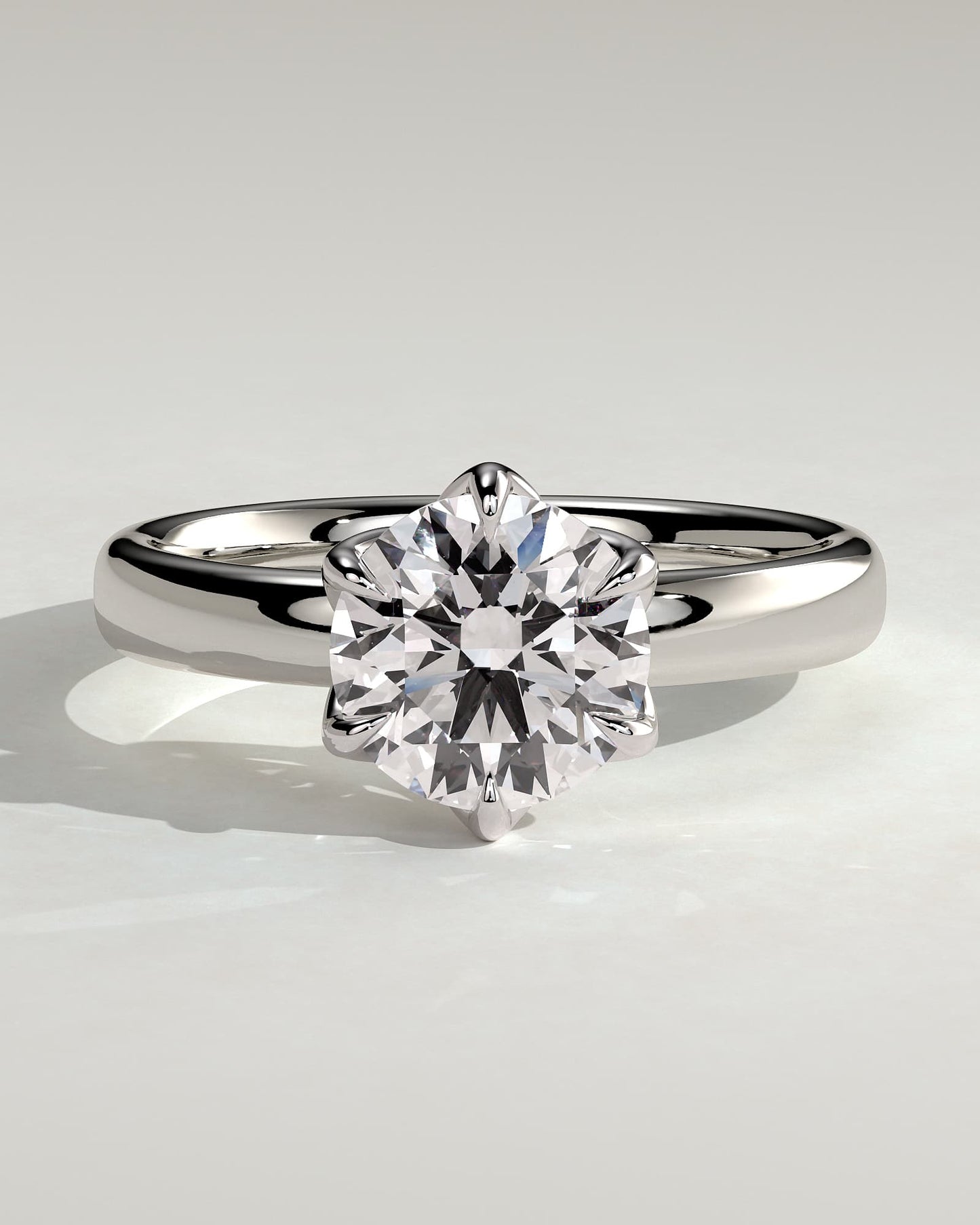 Jayden - Round Claw Solitaire with Petal Gallery and Cigar Band Engagement Ring - White Gold