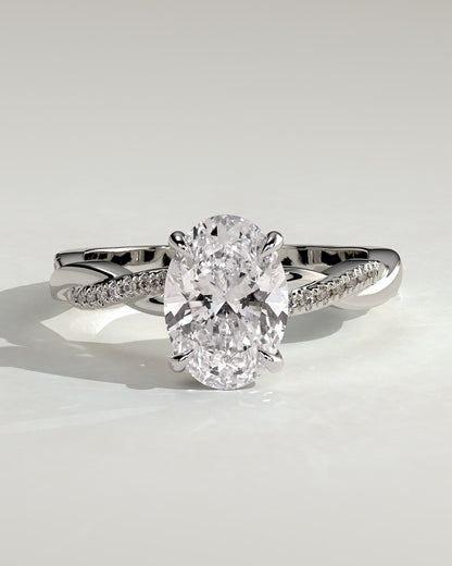 Lara - Oval Claw Solitaire with Hidden Halo and Twisted Alternating Pave Band Engagement Ring - White Gold