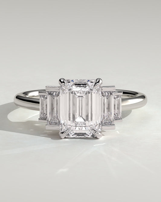 Nina - Emerald Claw Trilogy with Graduating Baguette Shoulder Stones Engagement Ring - White Gold
