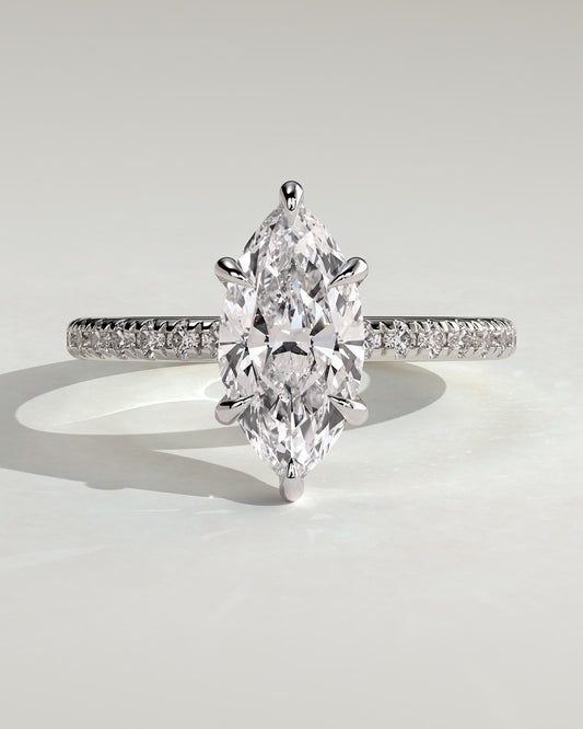 Waverly - Marquise Claw Solitaire with Hidden Halo and Pave Band Engagement Ring - Platinum