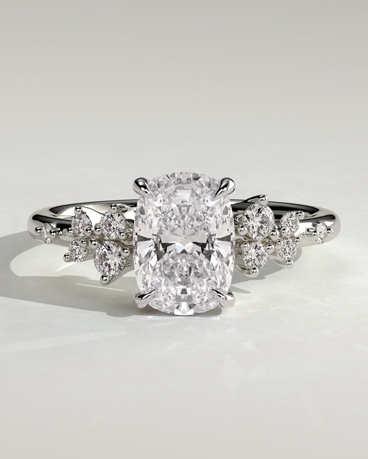 Winnie - Elongated Cushion Claw Solitaire with Clustered Round Shoulder Stones Engagement Ring - Platinum