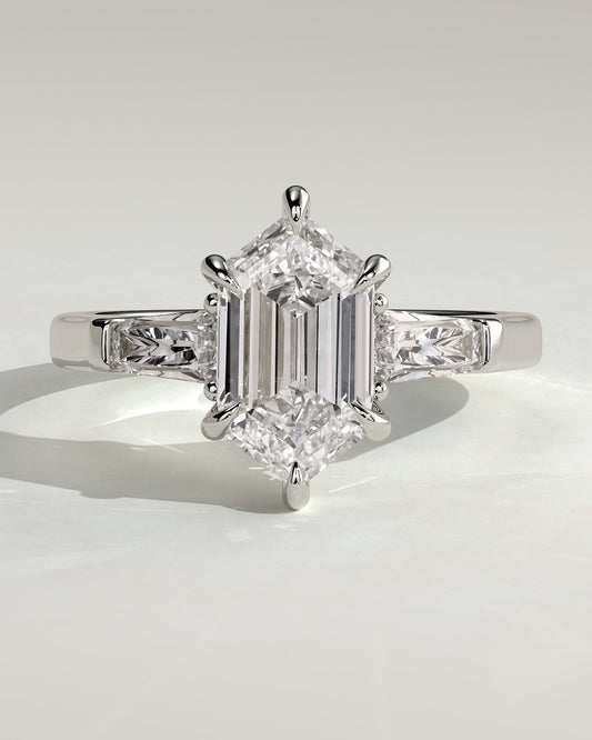 Myrtle - Elongated Hexagon Claw Trilogy with Tapered Baguette Side Stones and Cathedral Setting Engagement Ring - Platinum