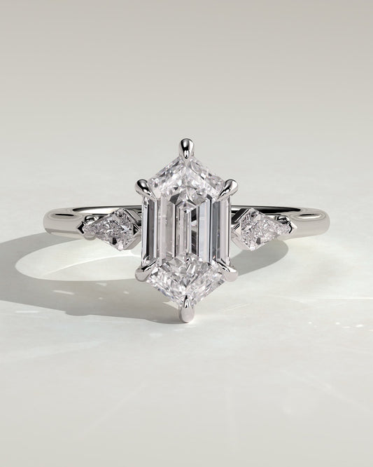 Wanda - Elongated Hexagon Claw Trilogy with Kite Side Stones Engagement Ring - White Gold