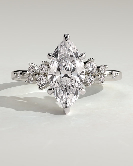 Minnie - Marquise Claw Solitaire with Clustered Round Shoulder Stones Engagement Ring - Platinum