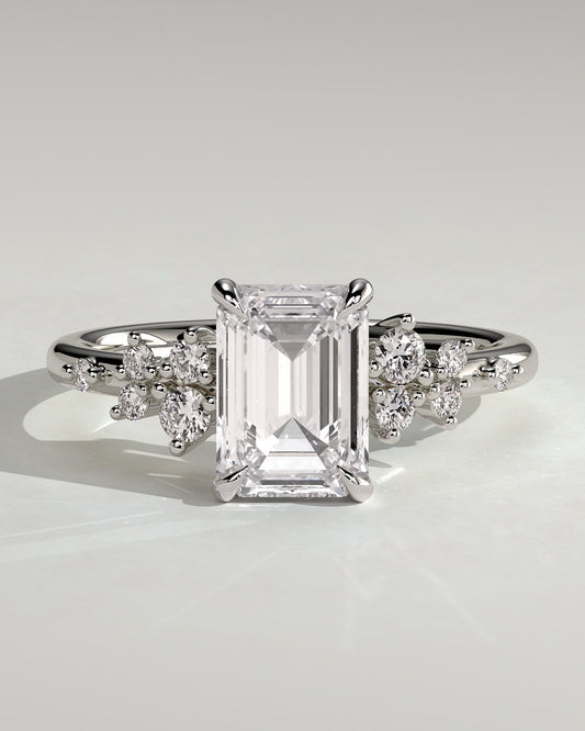 Nellie - Emerald Claw Solitaire with Clustered Round Shoulder Stones Engagement Ring - Platinum