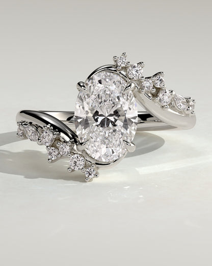 Ezmerelda - Oval Claw Solitaire with Bypass Band and Clustered Round-Marquise Accent Stones Engagement Ring - White Gold