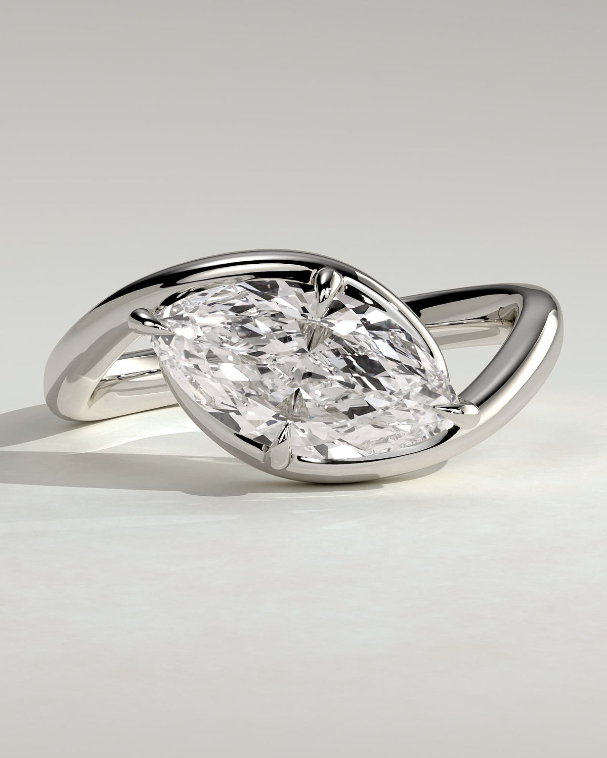 Beverly - Marquise East West Claw Solitaire with Bypass Band  Engagement Ring - White Gold