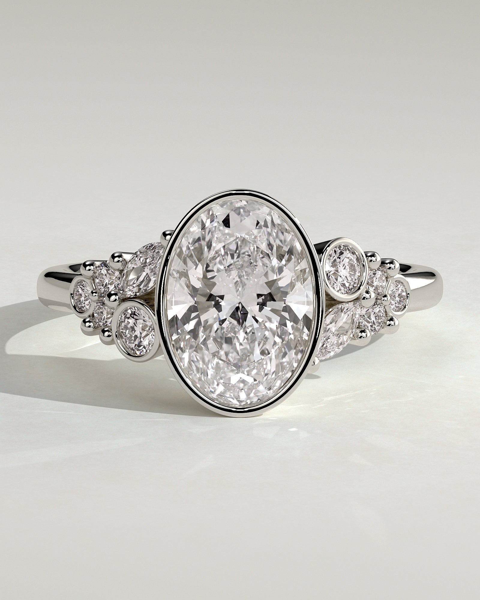 Isabella - Oval Bezel Solitaire with Clustered Round-Marquise Mixed Set Shoulder Stones Engagement Ring - Platinum - White Gold / Platinum 2ct