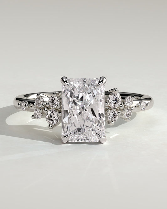 Willow - Radiant Claw Solitaire with Clustered Round Shoulder Stones Engagement Ring - Platinum