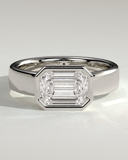 Adrian - Statement Emerald East West Bezel Solitaire with Flat Cigar Band Engagement Ring - White Gold - white gold - Lara Jewels