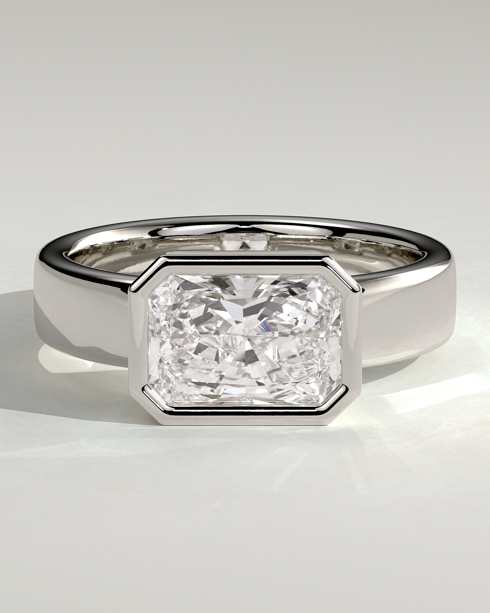 Frankie - Statement Radiant East West Bezel Solitaire with Flat Cigar Band Engagement Ring - Platinum - White Gold / Platinum 2ct