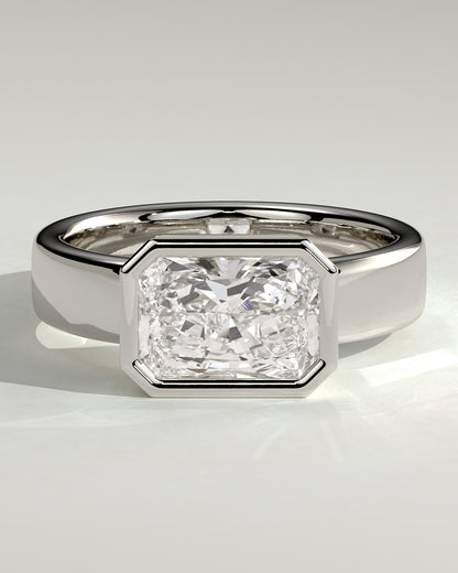 Frankie - Statement Radiant East West Bezel Solitaire with Flat Cigar Band Engagement Ring - Platinum
