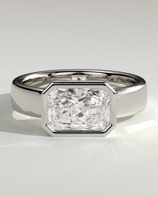 Frankie - Statement Radiant East West Bezel Solitaire with Flat Cigar Band Engagement Ring - Platinum