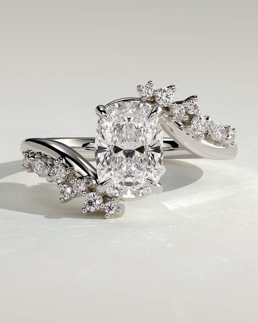 Merida - Elongated Cushion Claw Solitaire with Bypass Band and Clustered Round-Marquise Accent Stones Engagement Ring - Platinum