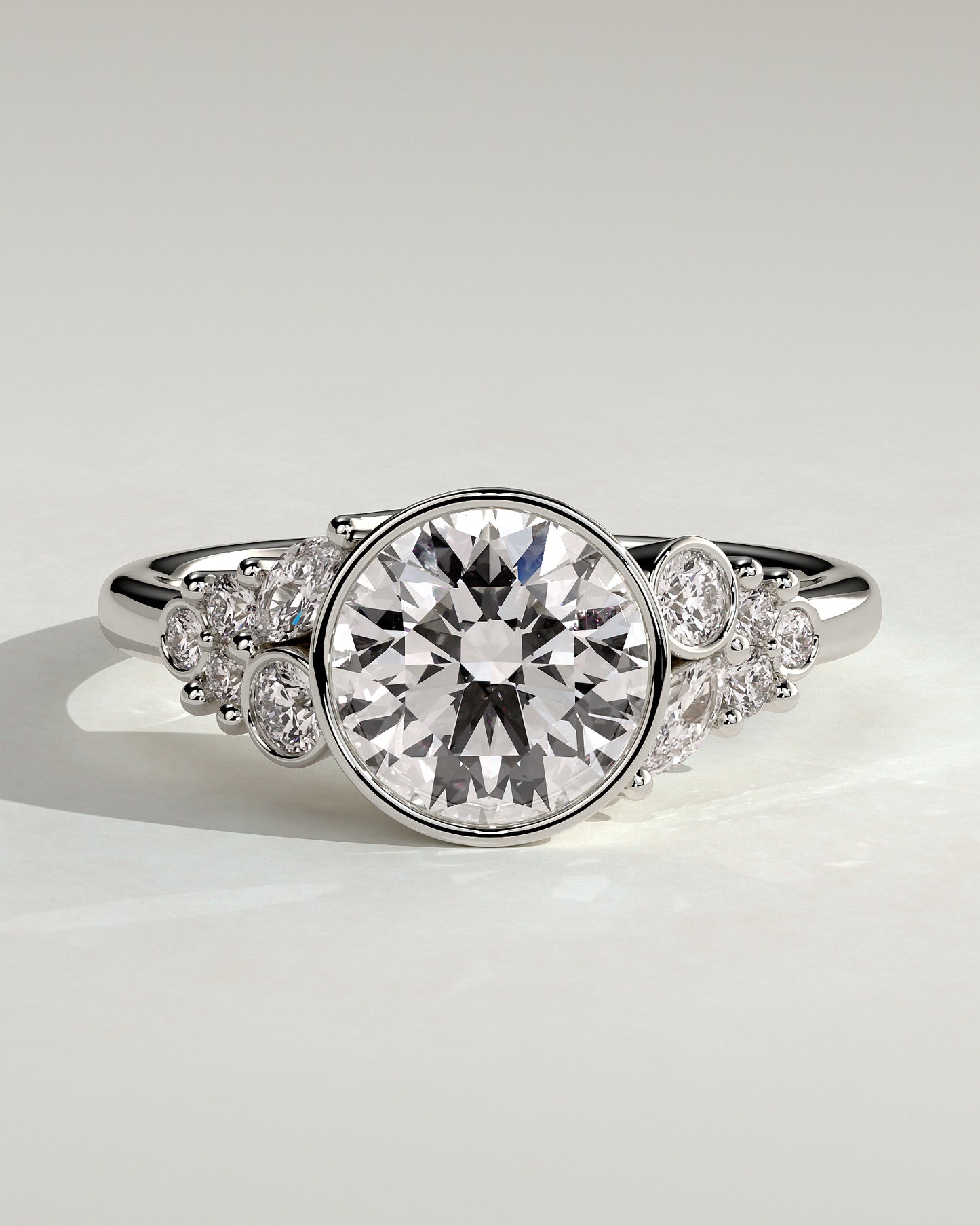 Alessia - Round Bezel Solitaire with Clustered Round-Marquise Mixed Set Shoulder Stones Engagement Ring - Platinum - White Gold / Platinum 2ct
