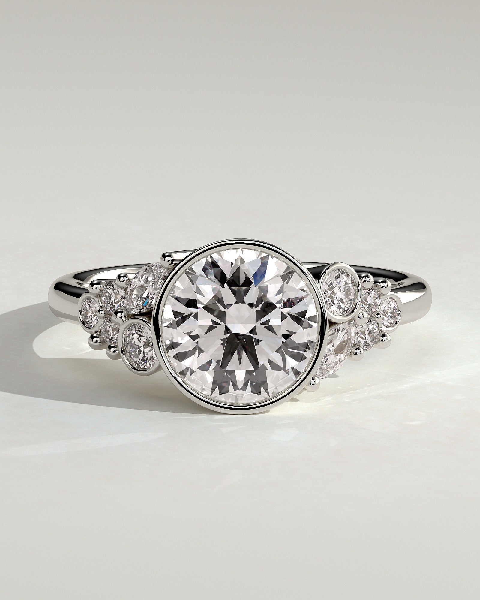 Alessia - Round Bezel Solitaire with Clustered Round-Marquise Mixed Set Shoulder Stones Engagement Ring - Platinum - White Gold / Platinum 2ct