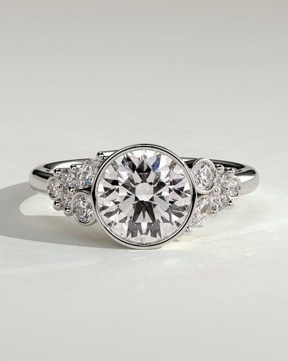 Alessia - Round Bezel Solitaire with Clustered Round-Marquise Mixed Set Shoulder Stones Engagement Ring - White Gold - white gold - Lara Jewels