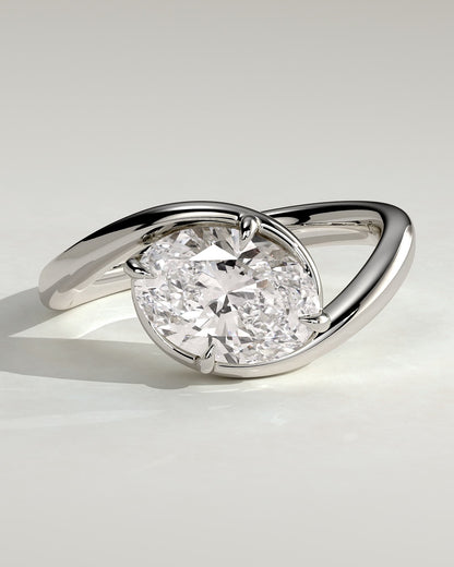 Casey - Oval East West Claw Solitaire with Bypass Band  Engagement Ring - White Gold