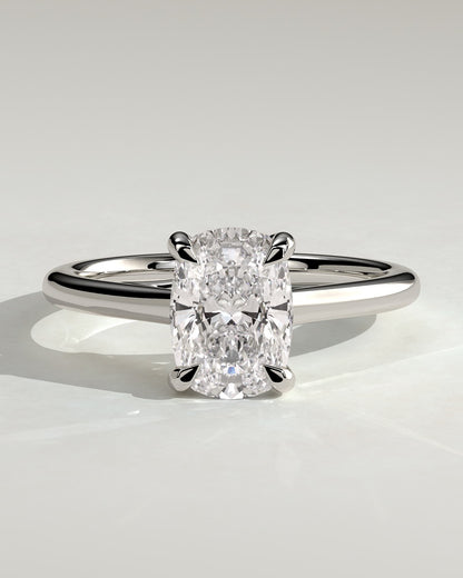 Kelsey - Elongated Cushion Claw Solitaire with Cathedral Low Setting and Open Trellis Gallery Engagement Ring - White Gold