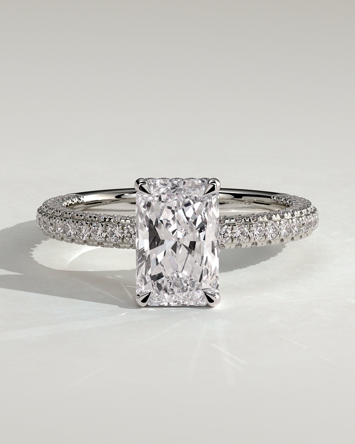 Irene - Radiant Claw Solitaire with Hidden Halo and Triple Pave Band Engagement Ring - Platinum - White Gold / Platinum 2ct