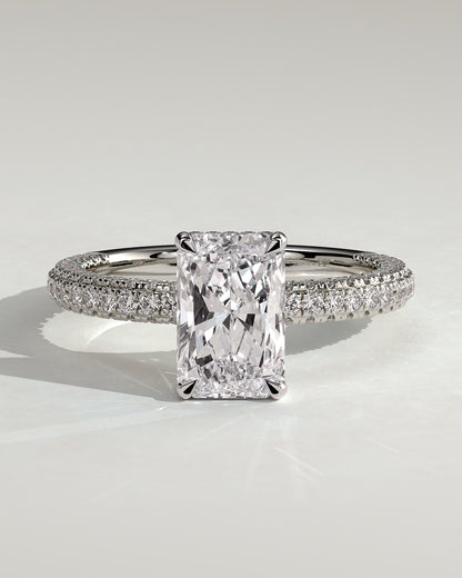 Irene - Radiant Claw Solitaire with Hidden Halo and Triple Pave Band Engagement Ring - Platinum