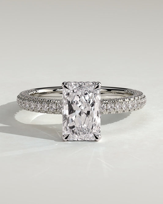 Irene - Radiant Claw Solitaire with Hidden Halo and Triple Pave Band Engagement Ring - Platinum