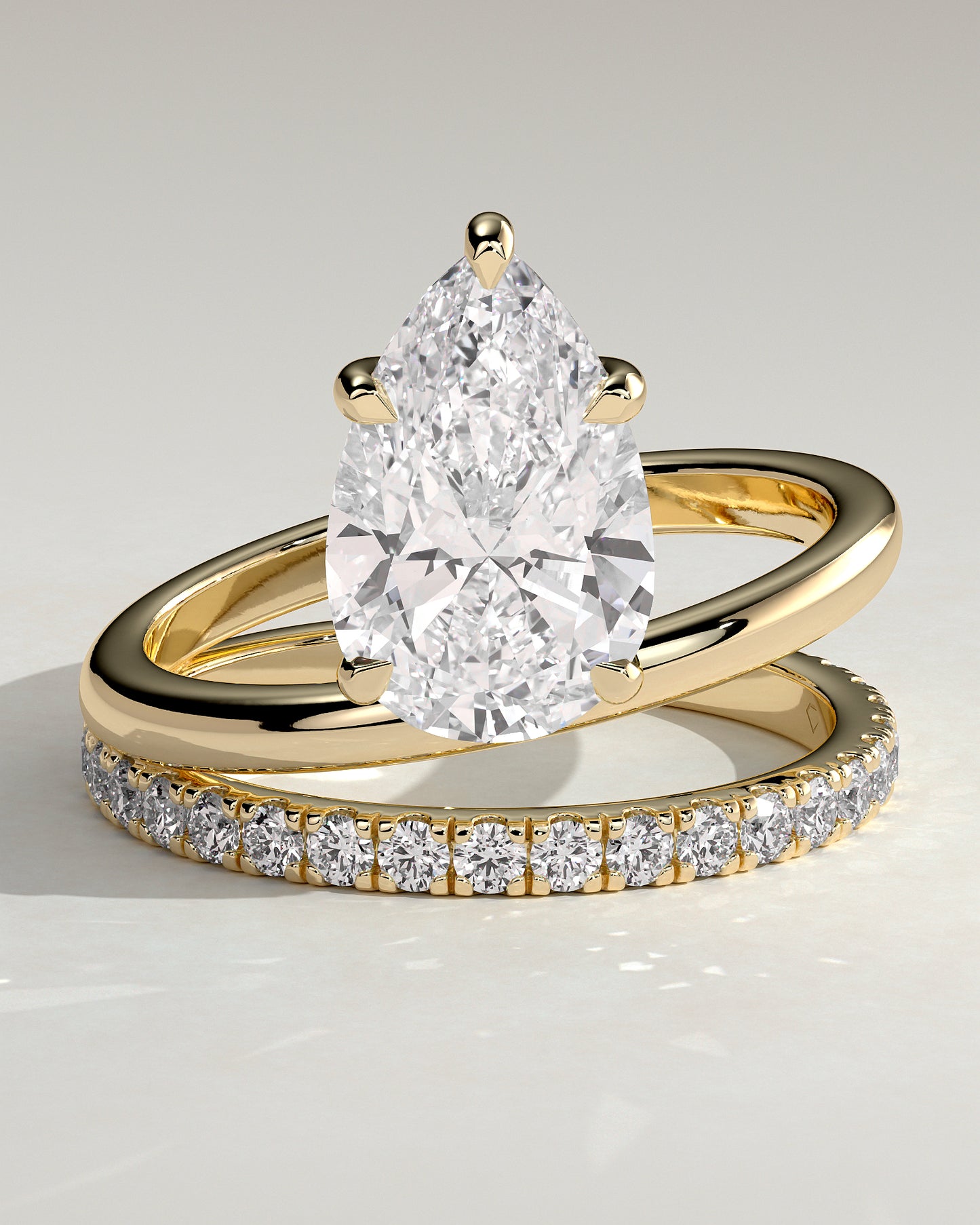 Candice - Pear Claw Solitaire with Double Pave and Plain Band Engagement Ring - Yellow Gold - Yellow Gold 2ct