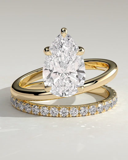 Candice - Pear Claw Solitaire with Double Pave and Plain Band Engagement Ring - Yellow Gold