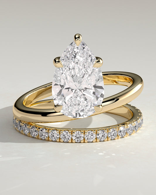 Candice - Pear Claw Solitaire with Double Pave and Plain Band Engagement Ring - Yellow Gold - Yellow Gold 2ct
