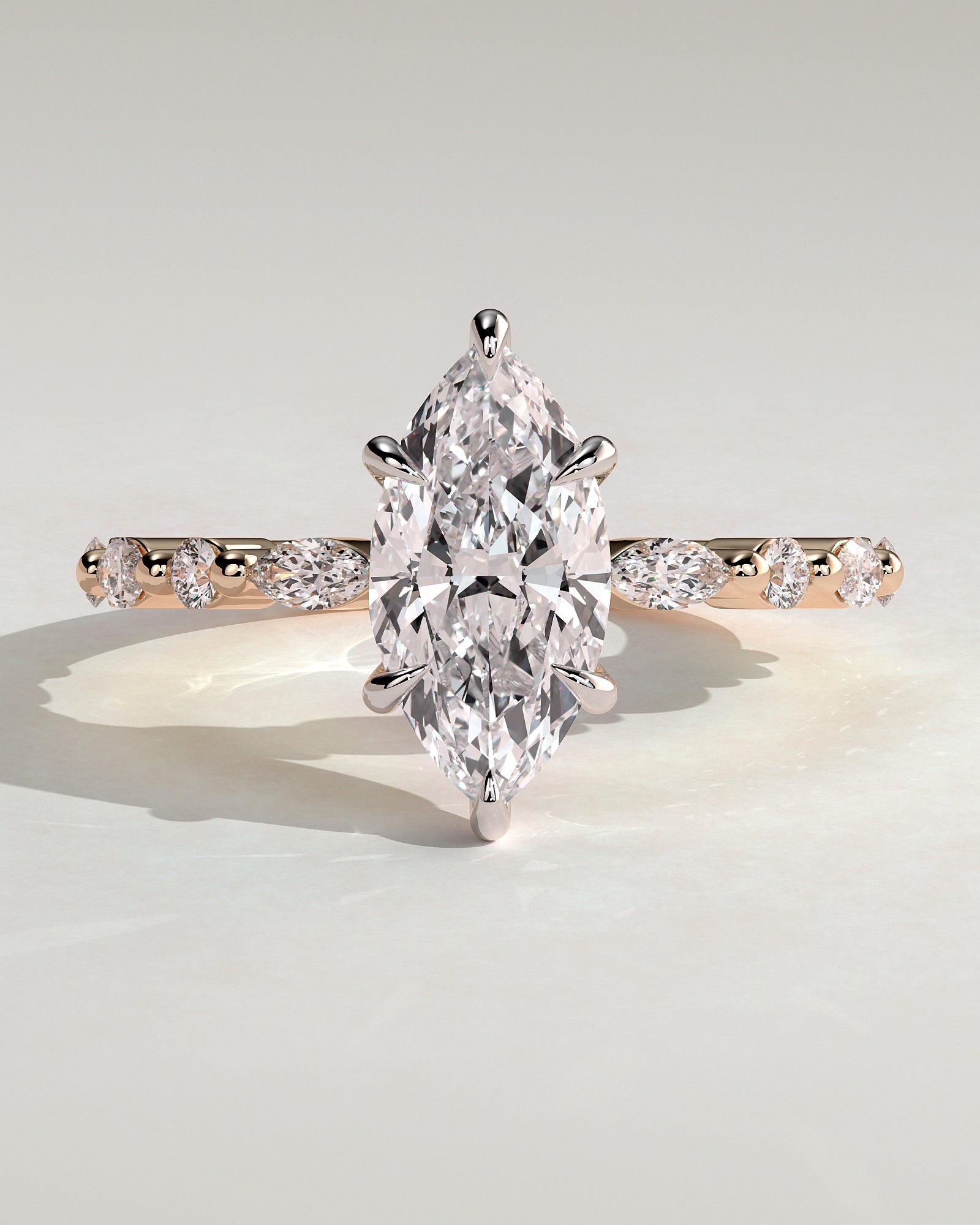 Beatrice - Marquise Claw Solitaire with Marquise and Round Accent Stones Engagement Ring - Rose Two-Tone - Rose Two-Tone 2ct
