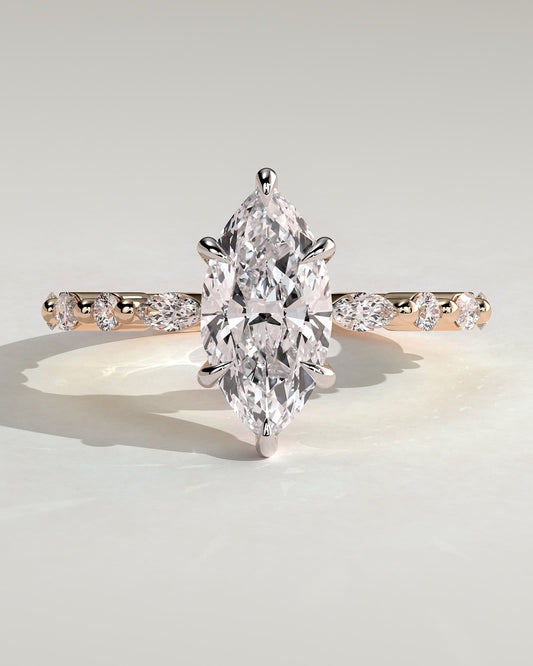 Beatrice - Marquise Claw Solitaire with Marquise and Round Accent Stones Engagement Ring - Rose Two-Tone