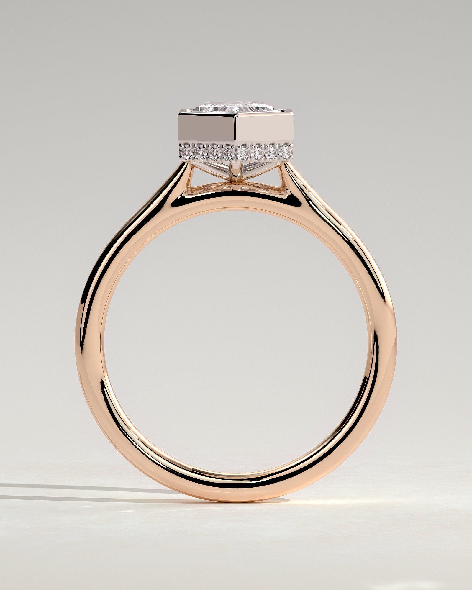 Gloria - Elongated Hexagon Bezel Solitaire with Hidden Halo and Cathedral High Setting Engagement Ring - Rose Two-Tone - Rose Two-Tone 2ct