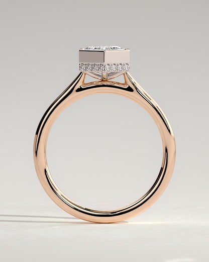 Gloria - Elongated Hexagon Bezel Solitaire with Hidden Halo and Cathedral High Setting Engagement Ring - Rose Two-Tone