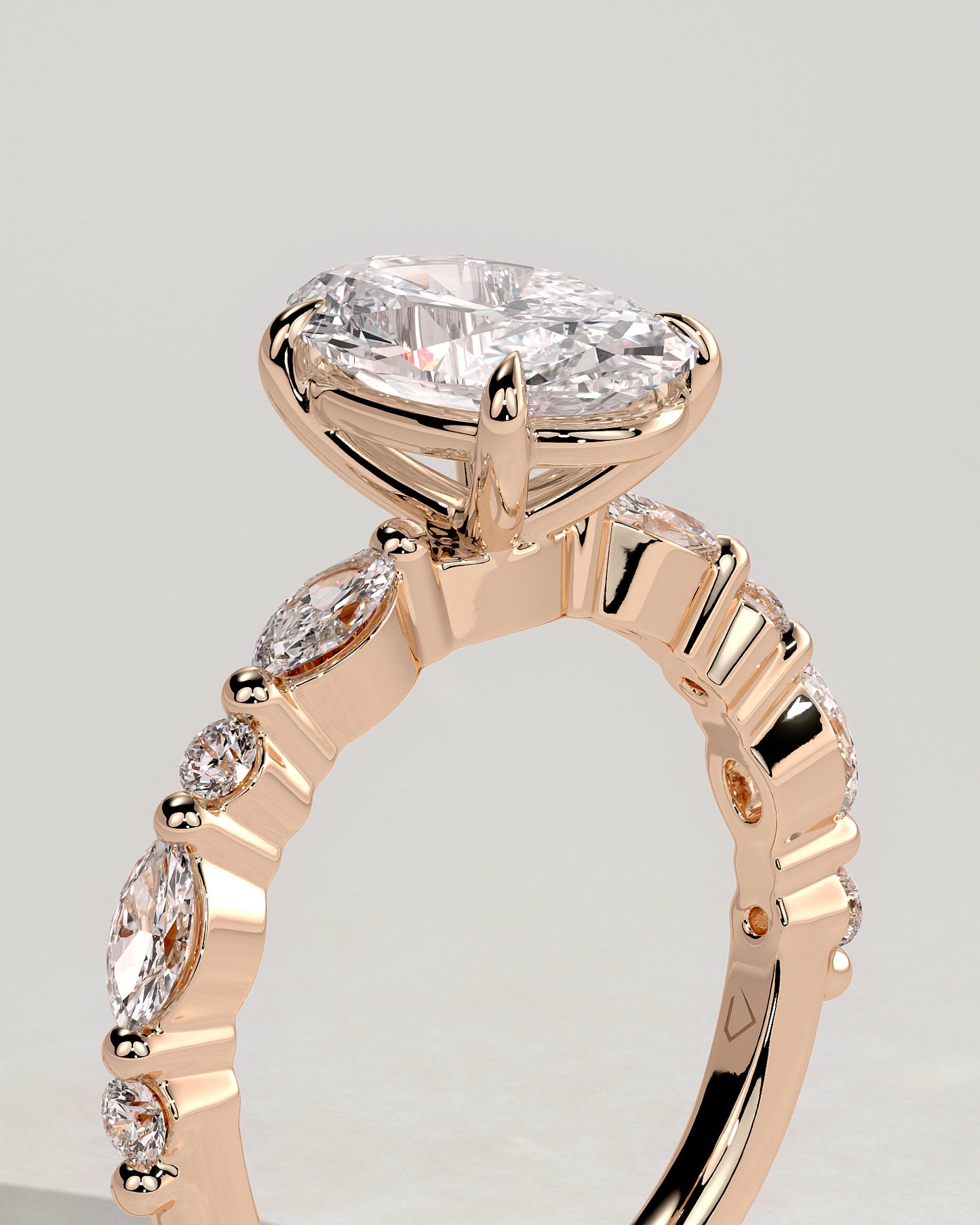 Alyssa - Oval Claw Solitaire with Marquise and Round Accent Stones Engagement Ring - Rose Gold - Rose Gold 2ct