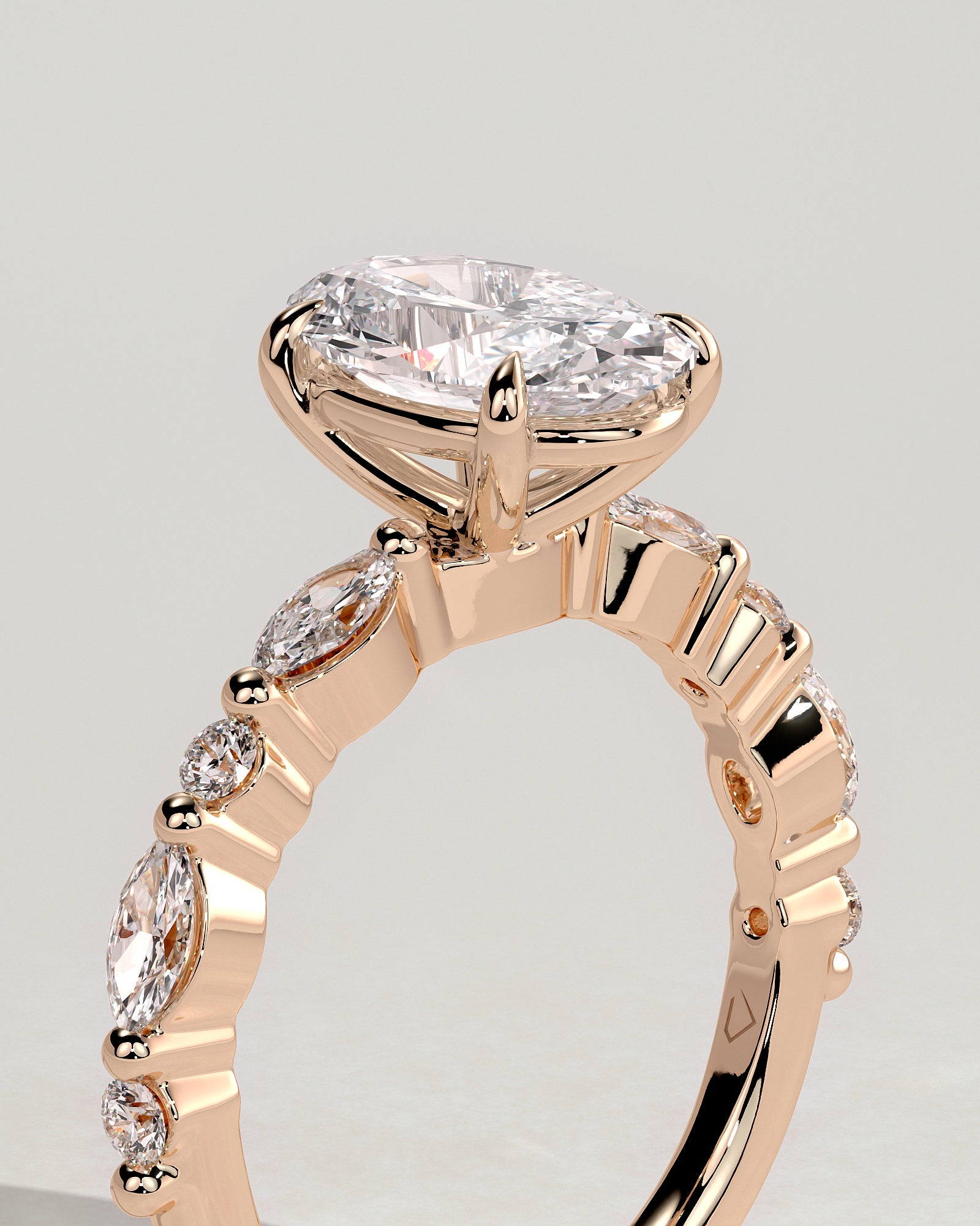 Alyssa - Oval Claw Solitaire with Marquise and Round Accent Stones Engagement Ring - Rose Gold - Rose Gold 2ct