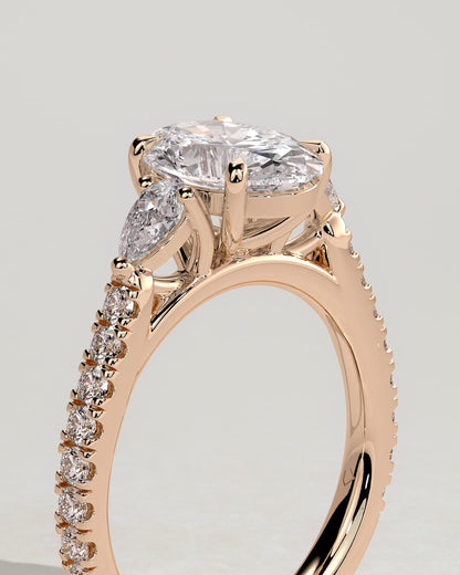 Arabella - Oval Claw Trilogy with Pear Side Stones and Pave Band Engagement Ring - Rose Gold - rose gold - Lara Jewels