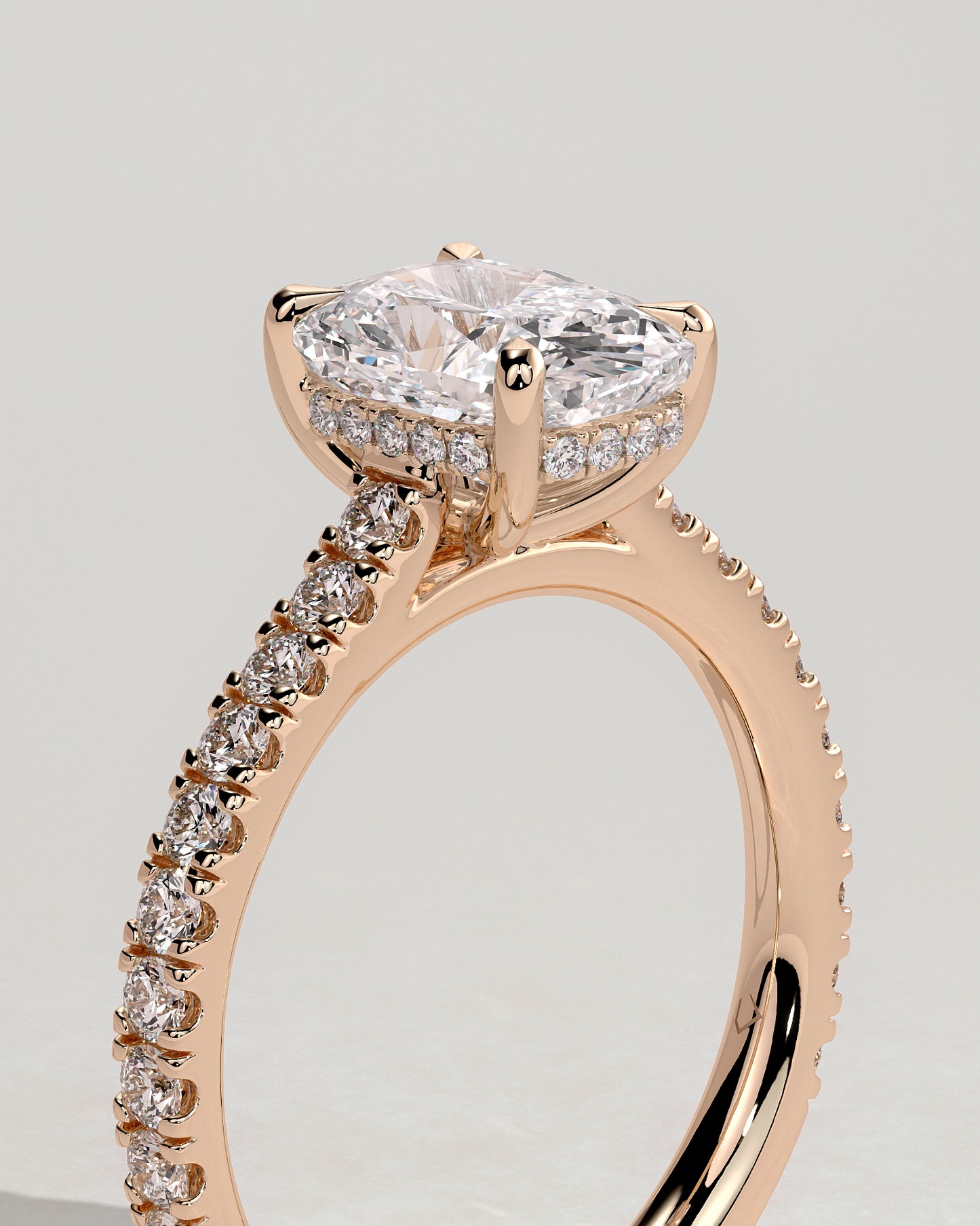 Annika - Elongated Cushion Claw Solitaire with Hidden Halo, Pave Band and Cathedral High Setting Engagement Ring - Rose Gold - Rose Gold 2ct