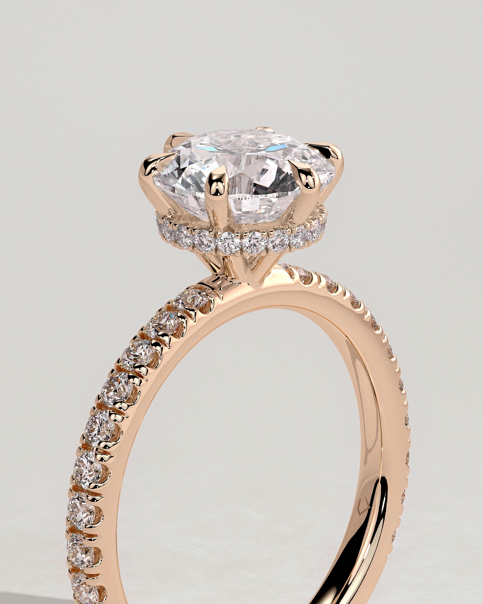 Amanda - Round Claw Solitaire with Wrap Around Hidden Halo and Pave Band Engagement Ring - Rose Gold - Rose Gold 2ct